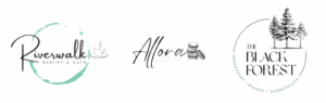 Three bakery and café logos.