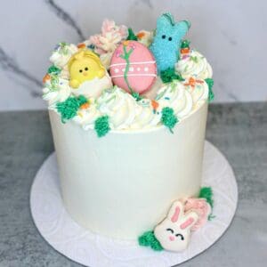 Easter-themed cake with festive decorations.